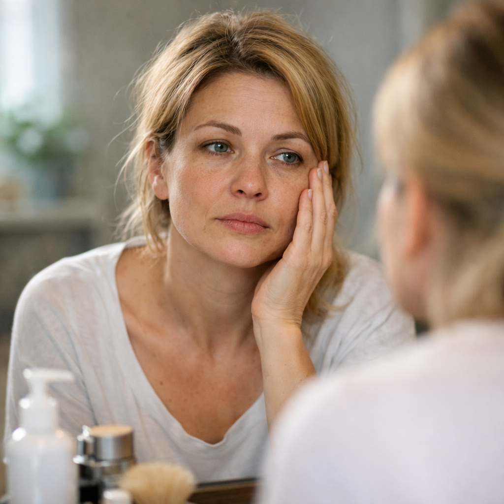 Frau, ungekämmt und leicht müde, betrachtet sich im Spiegel