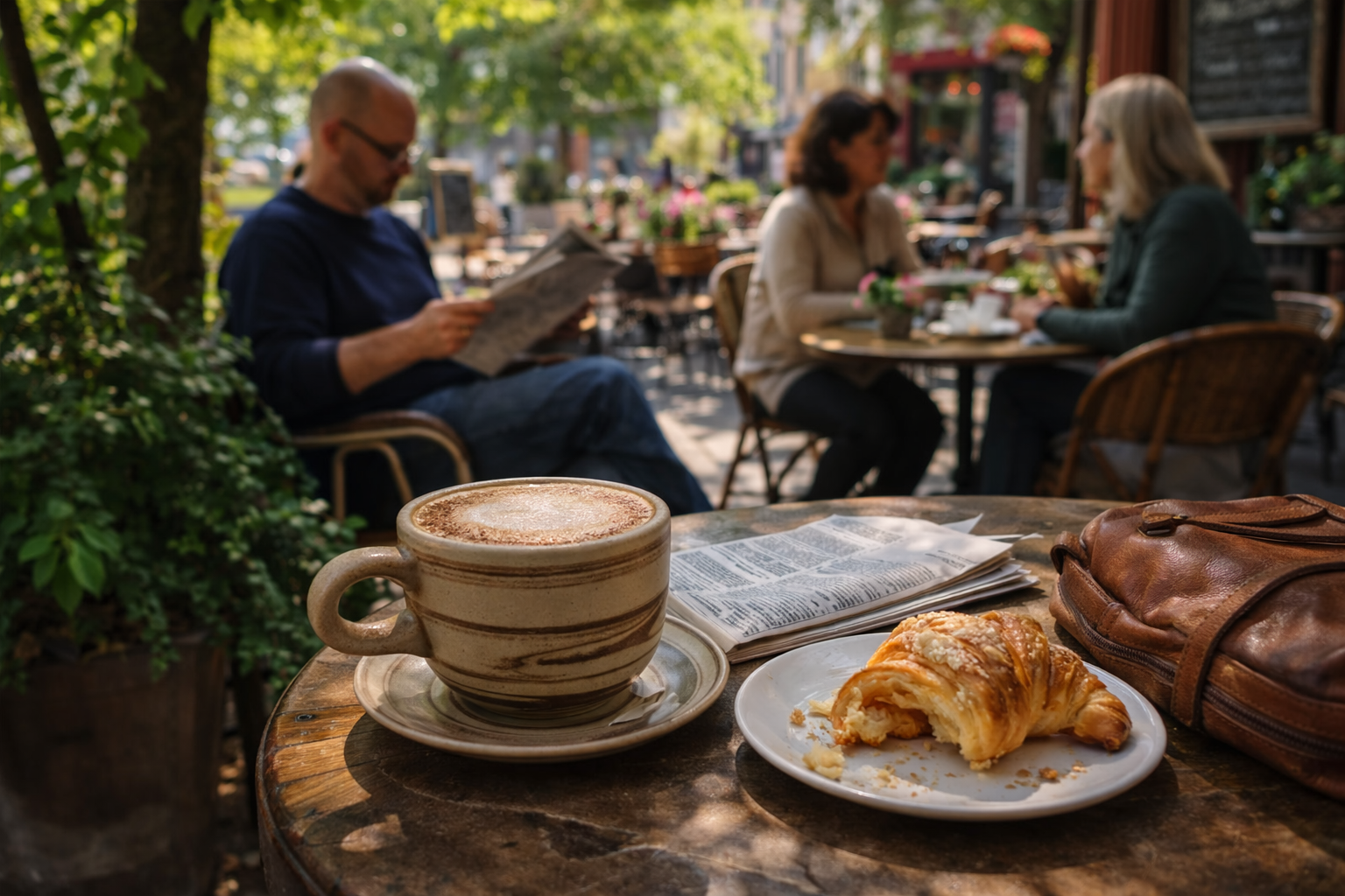 Kaffee, Croissant und Zeitung auf einem Tisch im Café-Außenbereich an einem sonnigen Tag. Weitere Gäste im Hintergrund.