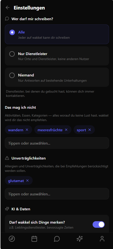 wakkel Einstellungen