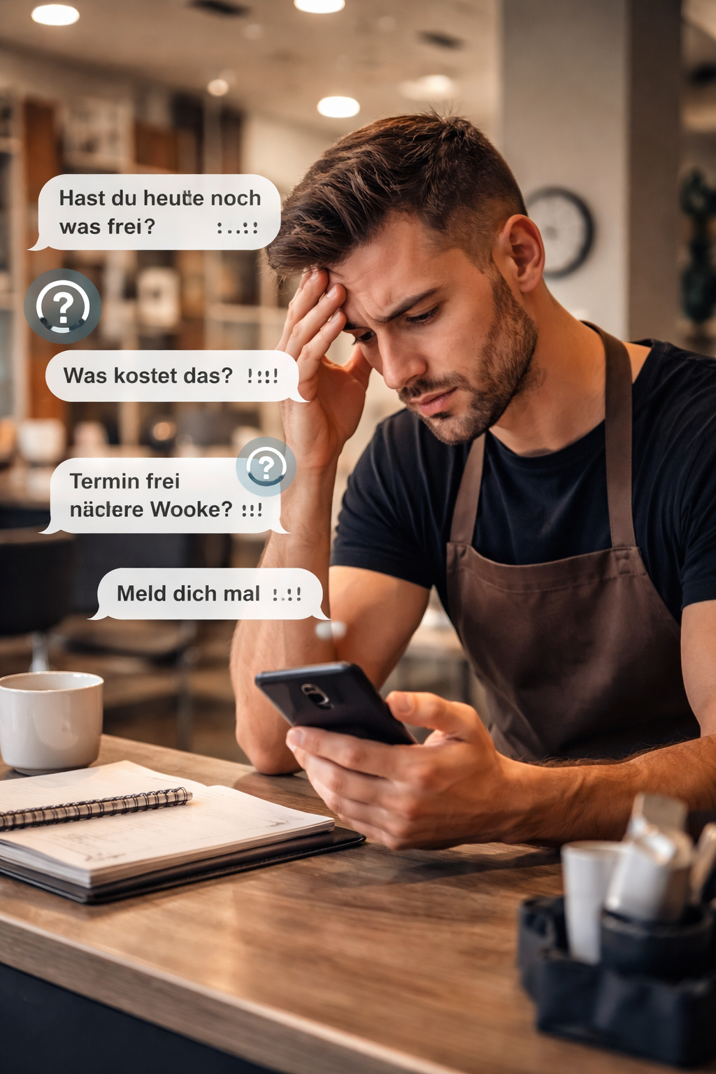 Mann in Arbeitskleidung schaut gestresst auf sein Smartphone, während mehrere Termin- und Preisanfragen eingeblendet sind