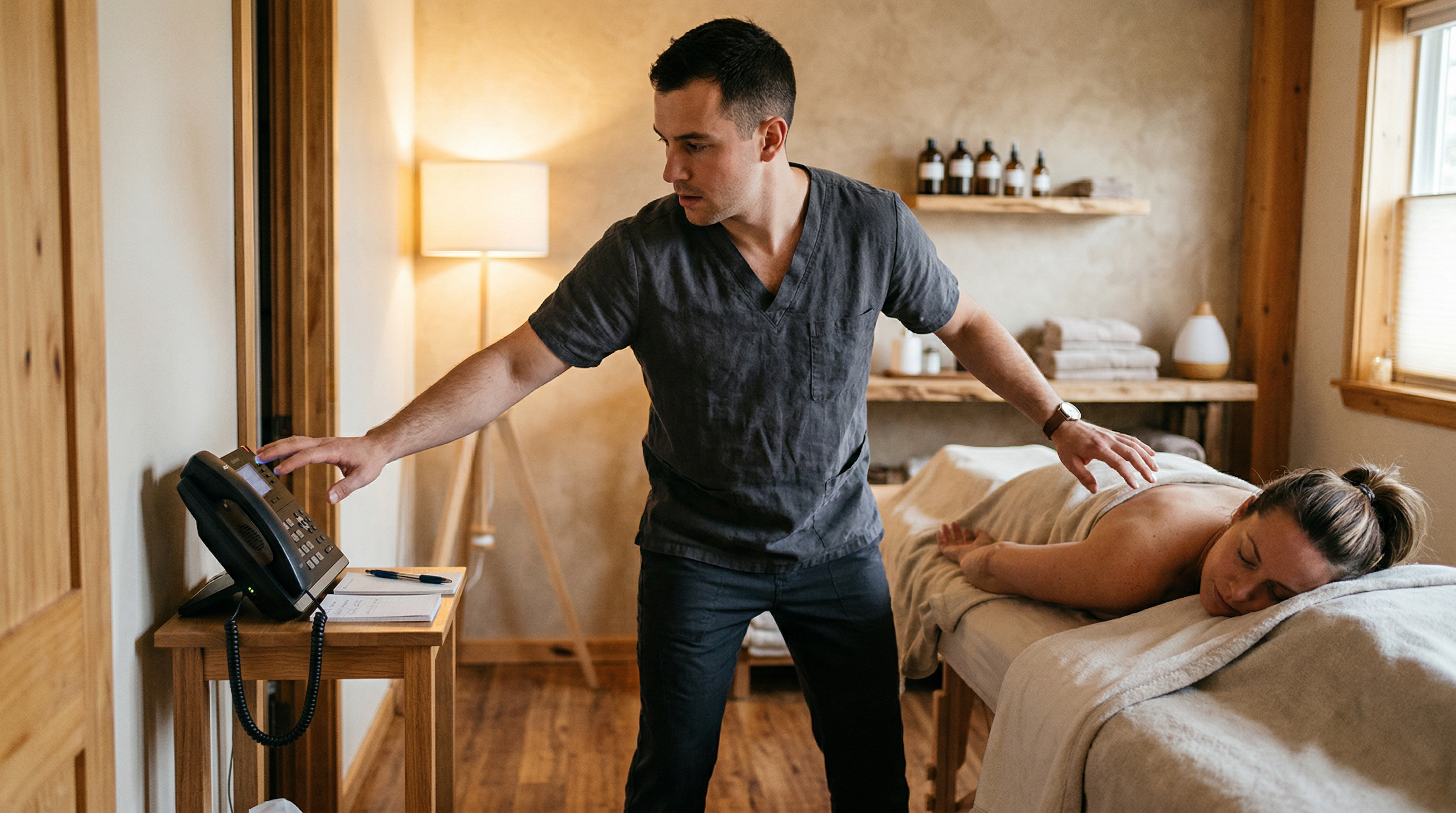 Massage-Therapeut zögert zwischen klingelndem Telefon und Kundin auf der Behandlungsliege